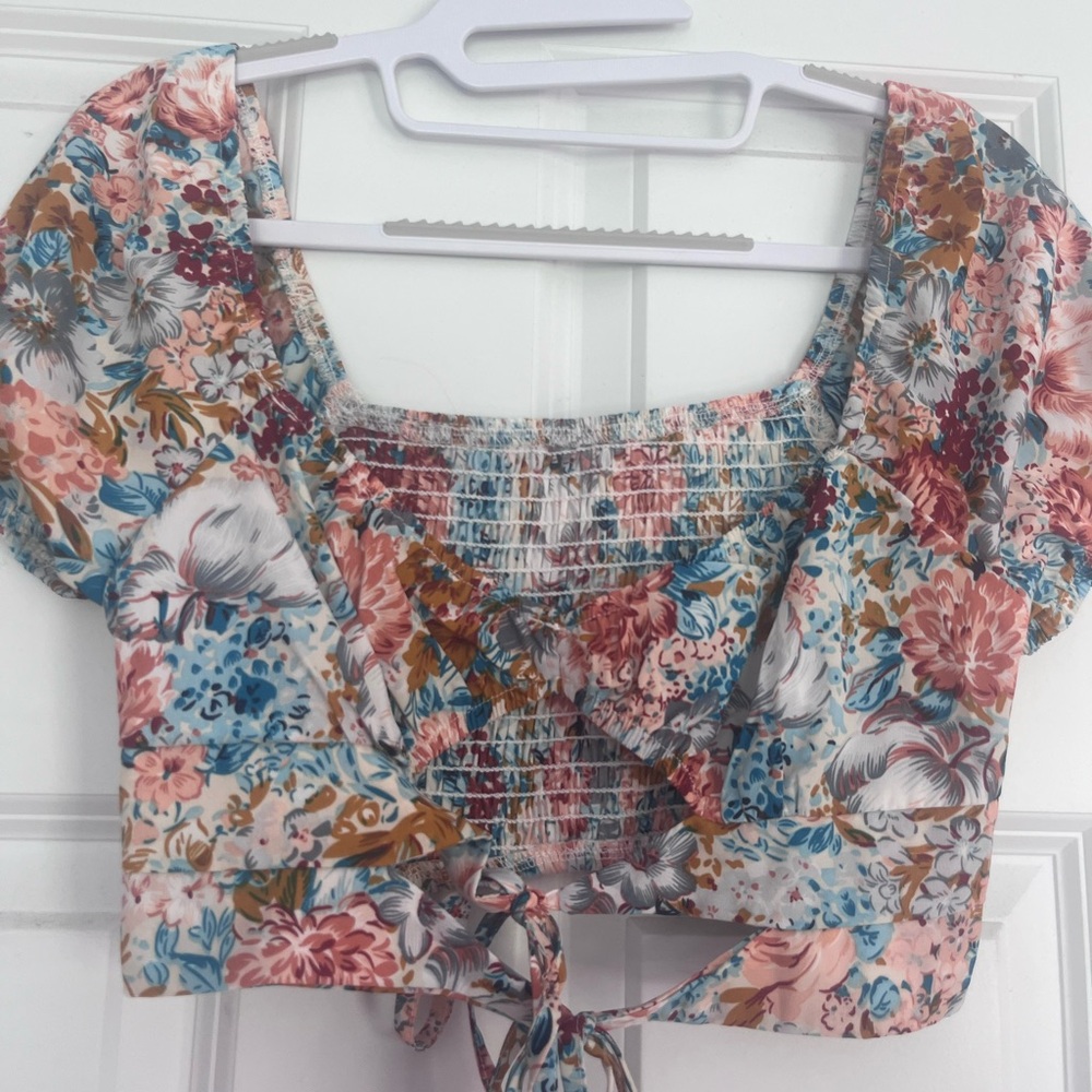 Colorful, floral, tie-front crop top